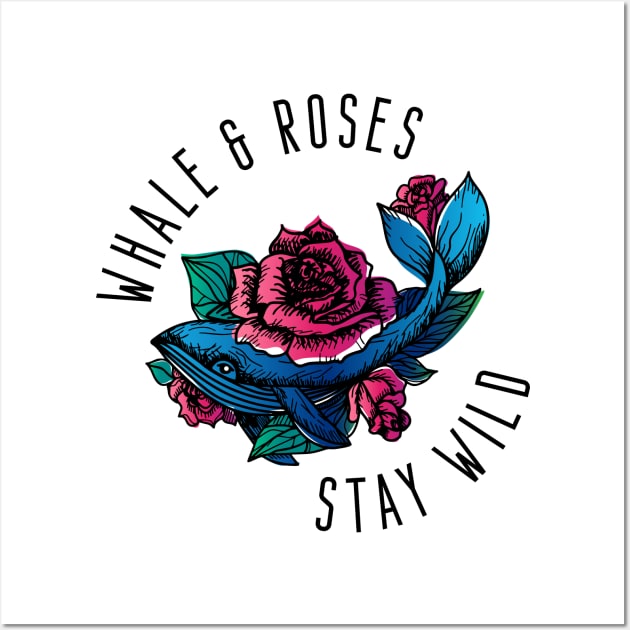 Whale and Roses Stay Wild Blue Whale and Red Roses for Light Background Wall Art by ActivLife